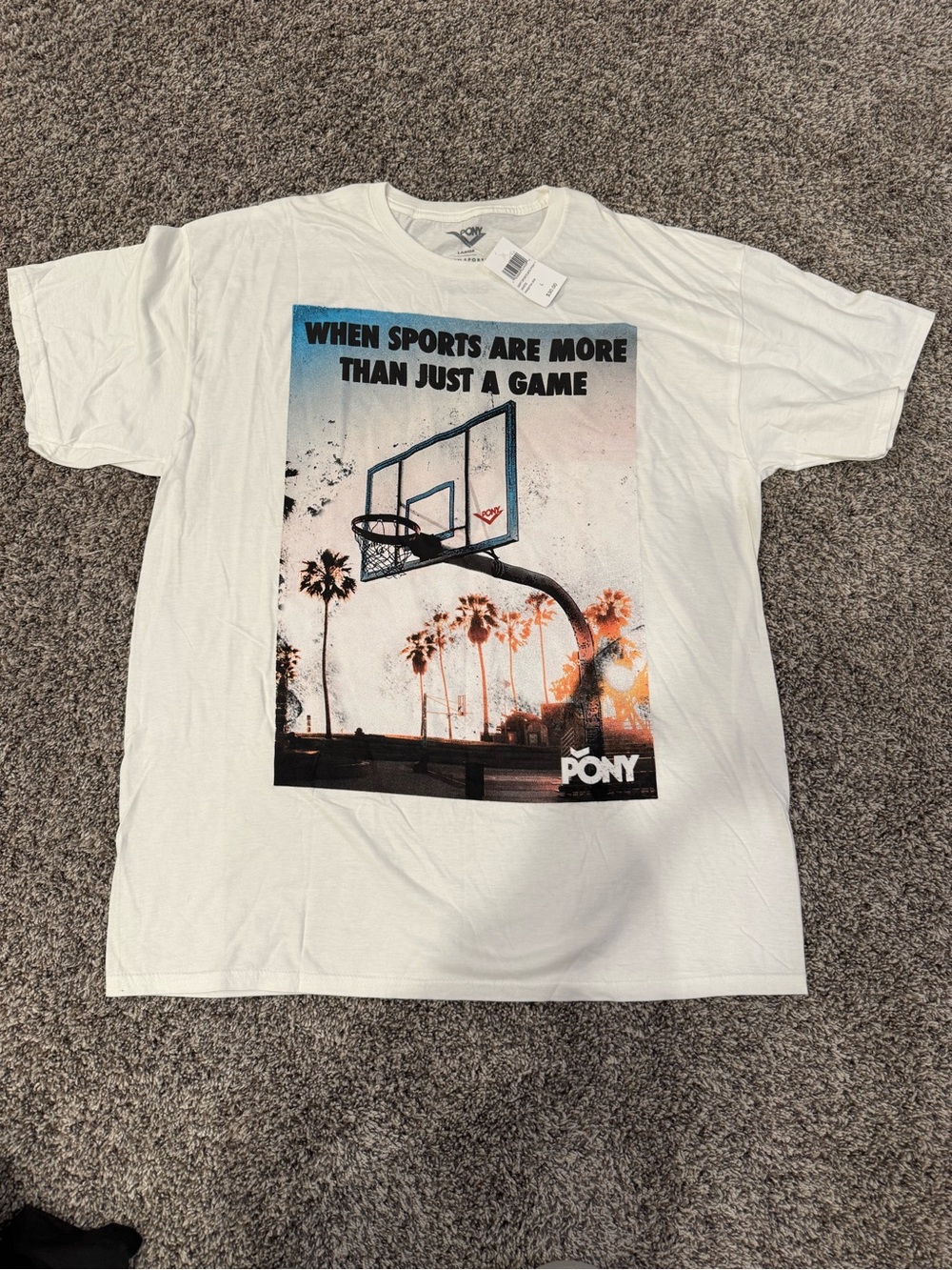 Pony White Graphic Basketball Tee with Blue and Orange Print